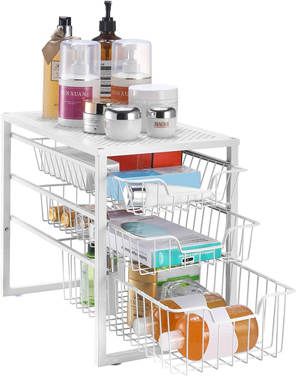 3-Tier under Sink Cabinet Organizer with Sliding Storage Drawer, Desktop Organizer for Kitchen Bathroom Office, Stackable, White
