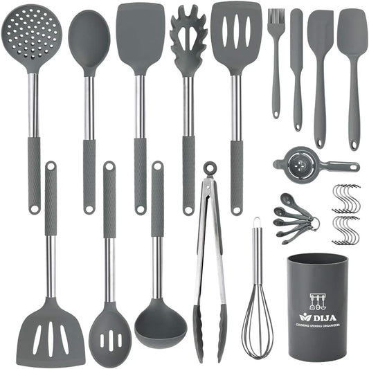 Cooking Utensils Set, Kitchen Utensils 31Pcs Cooking Utensils Set, Heat Resistant Non-Stick Silicone Kitchen Spatula Set with Stainless Steel Handle - Gray (BPA Free, Non Toxic)
