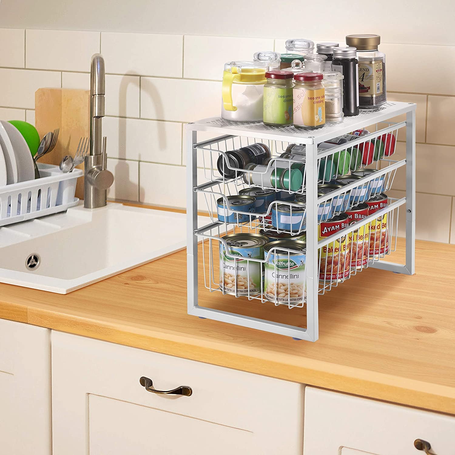 3-Tier under Sink Cabinet Organizer with Sliding Storage Drawer, Desktop Organizer for Kitchen Bathroom Office, Stackable, White