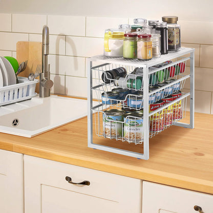 3-Tier under Sink Cabinet Organizer with Sliding Storage Drawer, Desktop Organizer for Kitchen Bathroom Office, Stackable, White