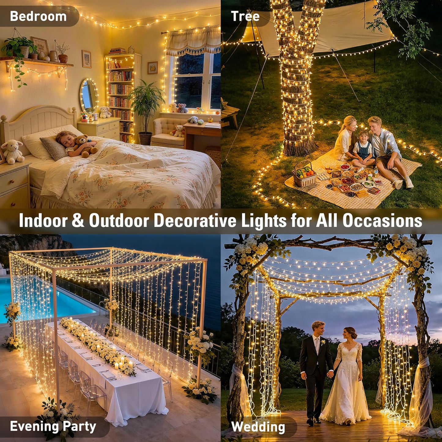 168FT 600 LED Christmas Lights Outdoor Waterproof Clear Wire Indoor String Lights for outside Warm White Christmas Tree Lights Plug in for Bedroom Wedding Party Spring Decor
